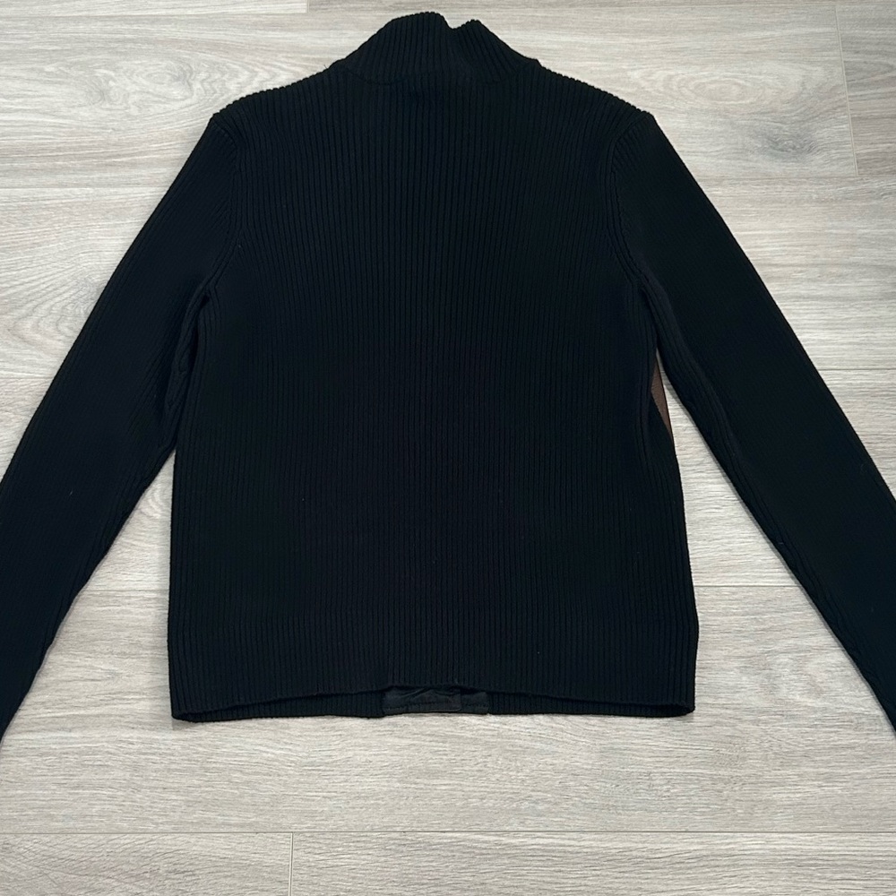 Lauren Ralph Lauren Brown Faux Leather Dark Navy (Black) Knit Cardigan - Picture 3 of 12